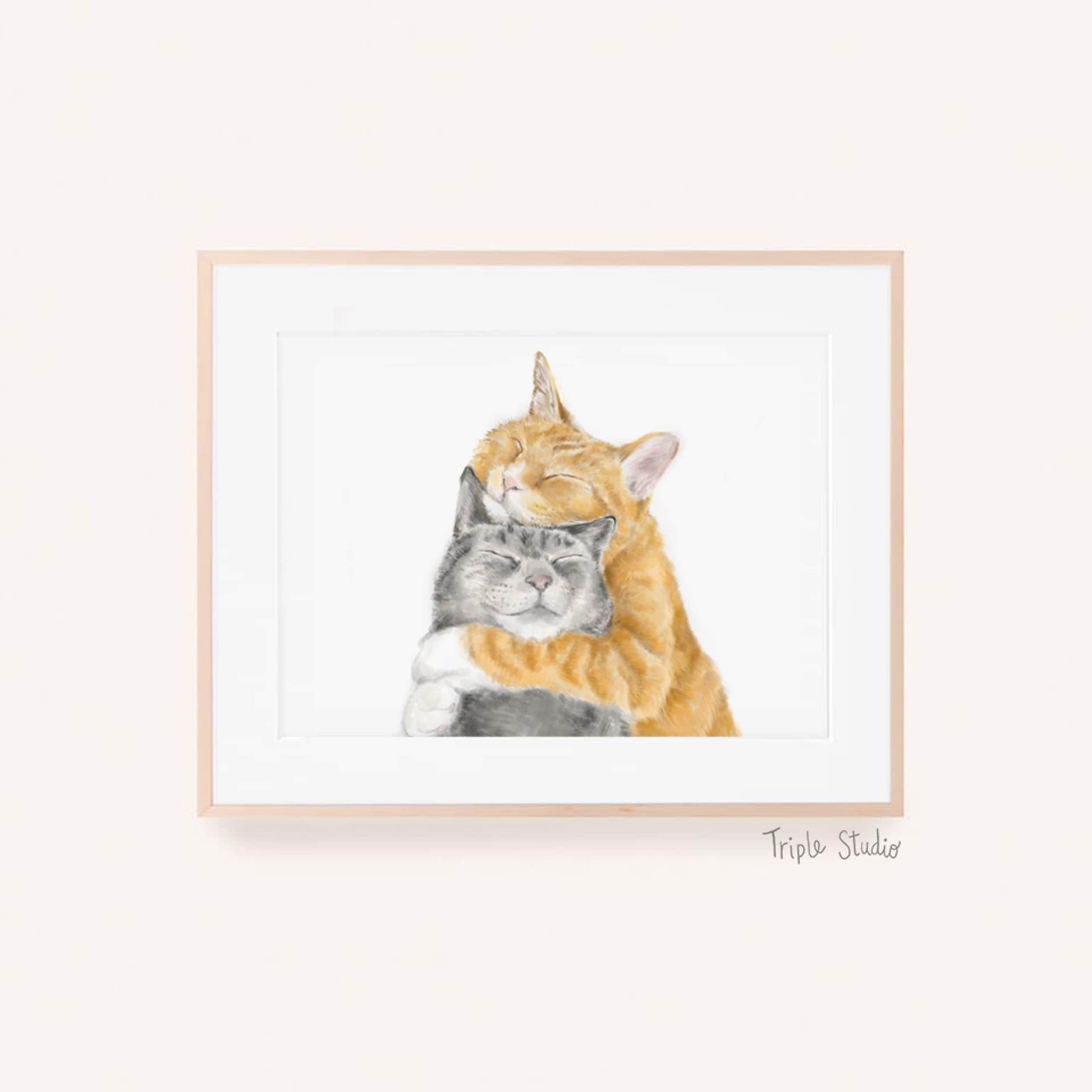 Cat Cuddles Art Print - Modern Gray and Orange Tabby Watercolor Poster, housewarming gift for newlywed, wife, lover, wedding or anniversary