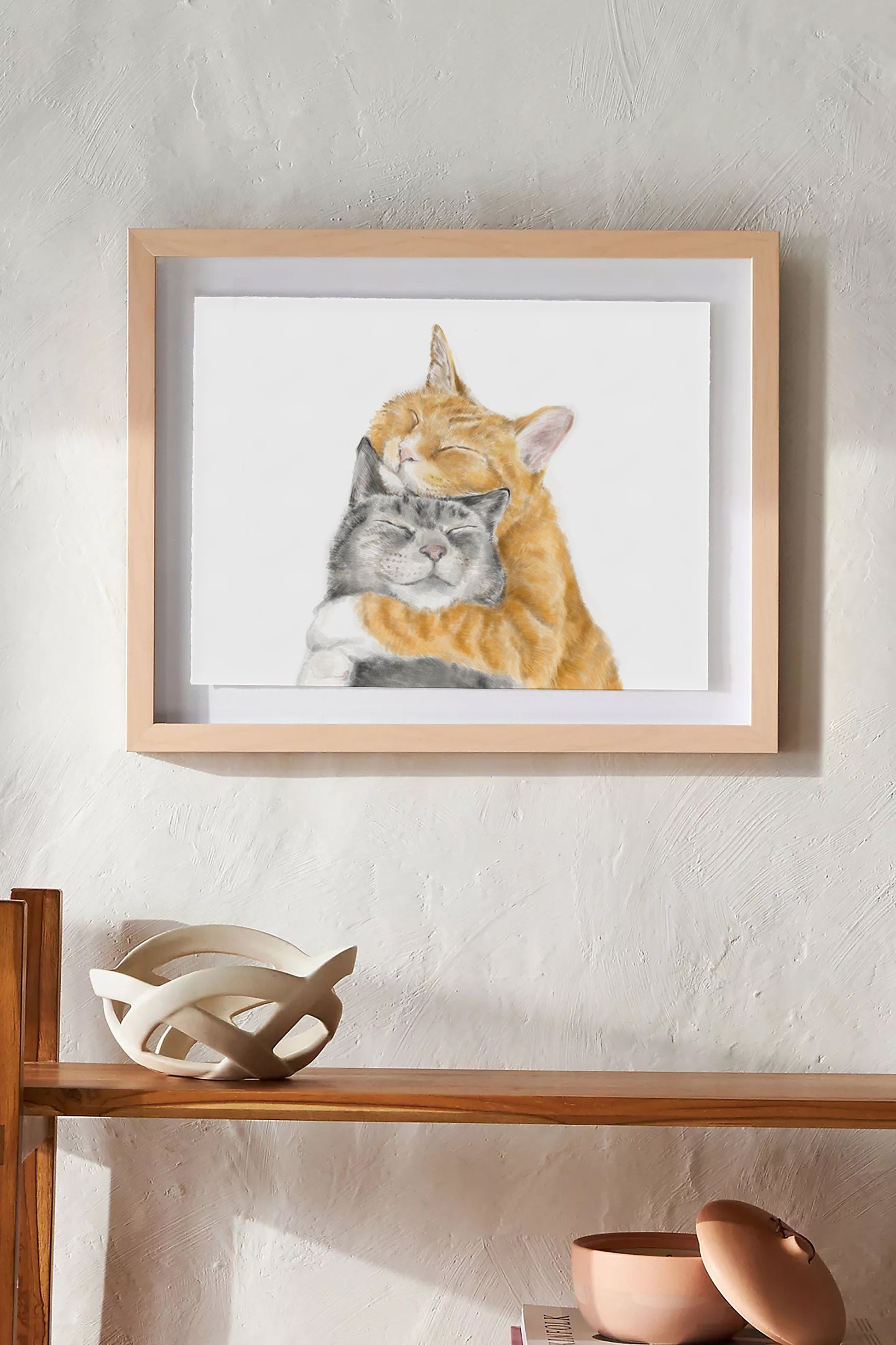 Cat Cuddles Art Print - Modern Gray and Orange Tabby Watercolor Poster, housewarming gift for newlywed, wife, lover, wedding or anniversary