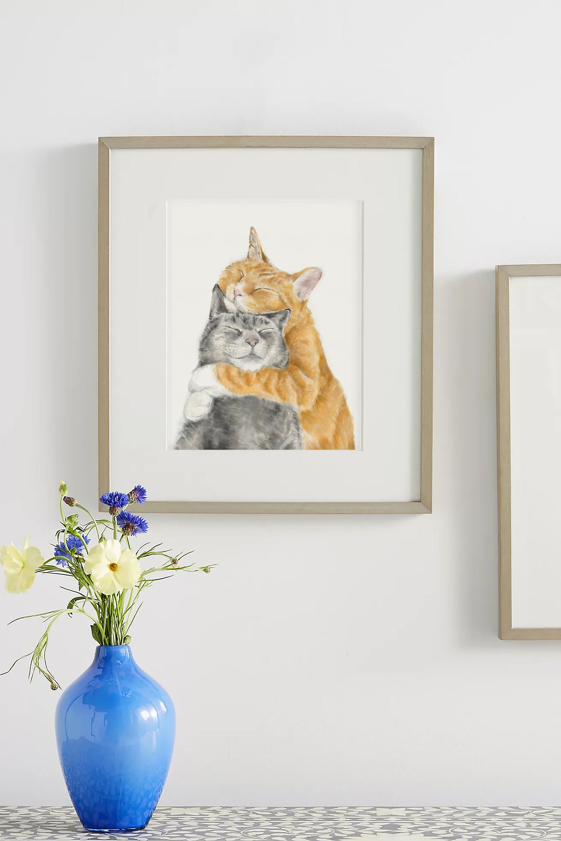 Cat Cuddles Art Print - Modern Gray and Orange Tabby Watercolor Poster, housewarming gift for newlywed, wife, lover, wedding or anniversary