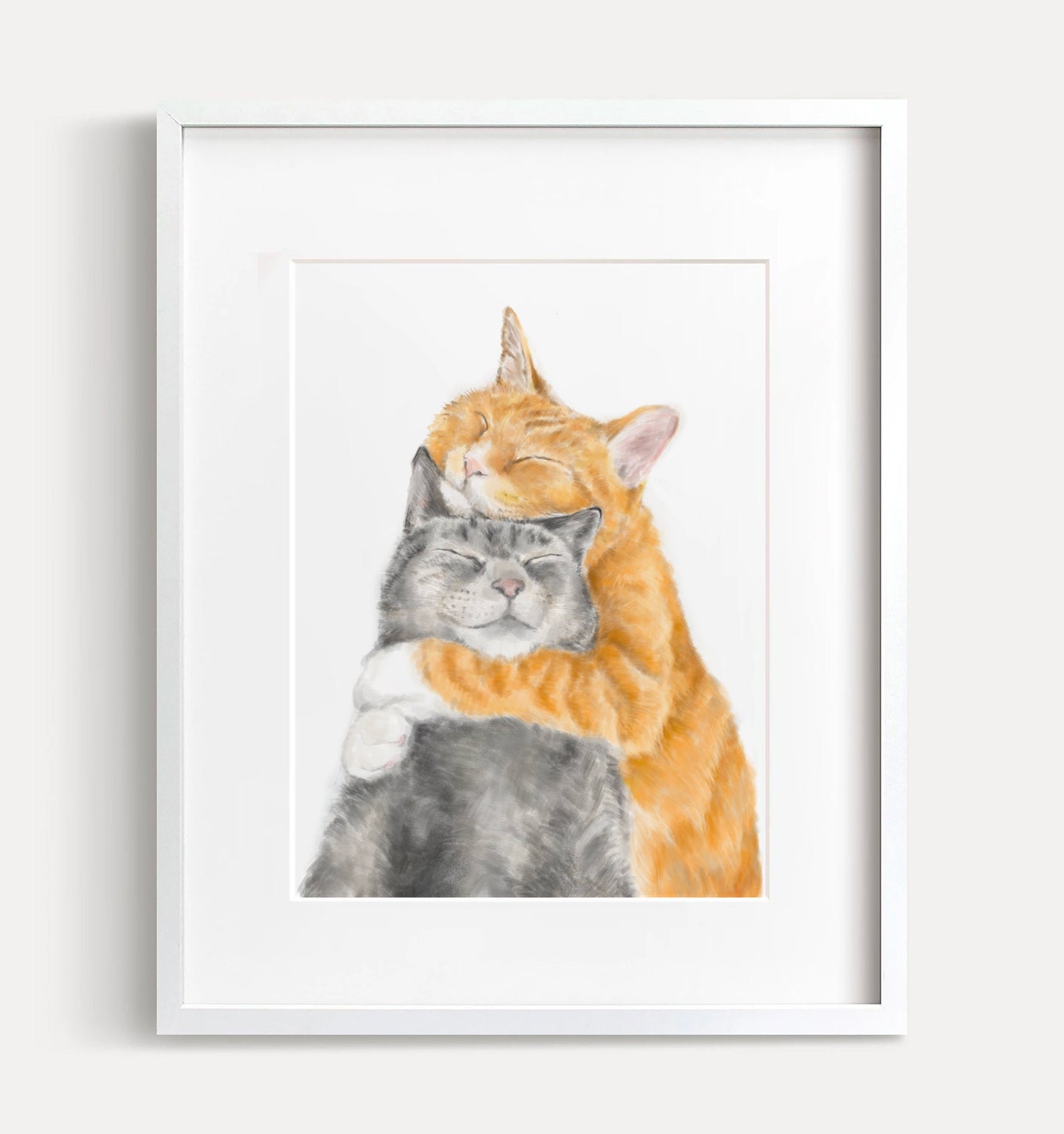 Cat Cuddles Art Print - Modern Gray and Orange Tabby Watercolor Poster, housewarming gift for newlywed, wife, lover, wedding or anniversary