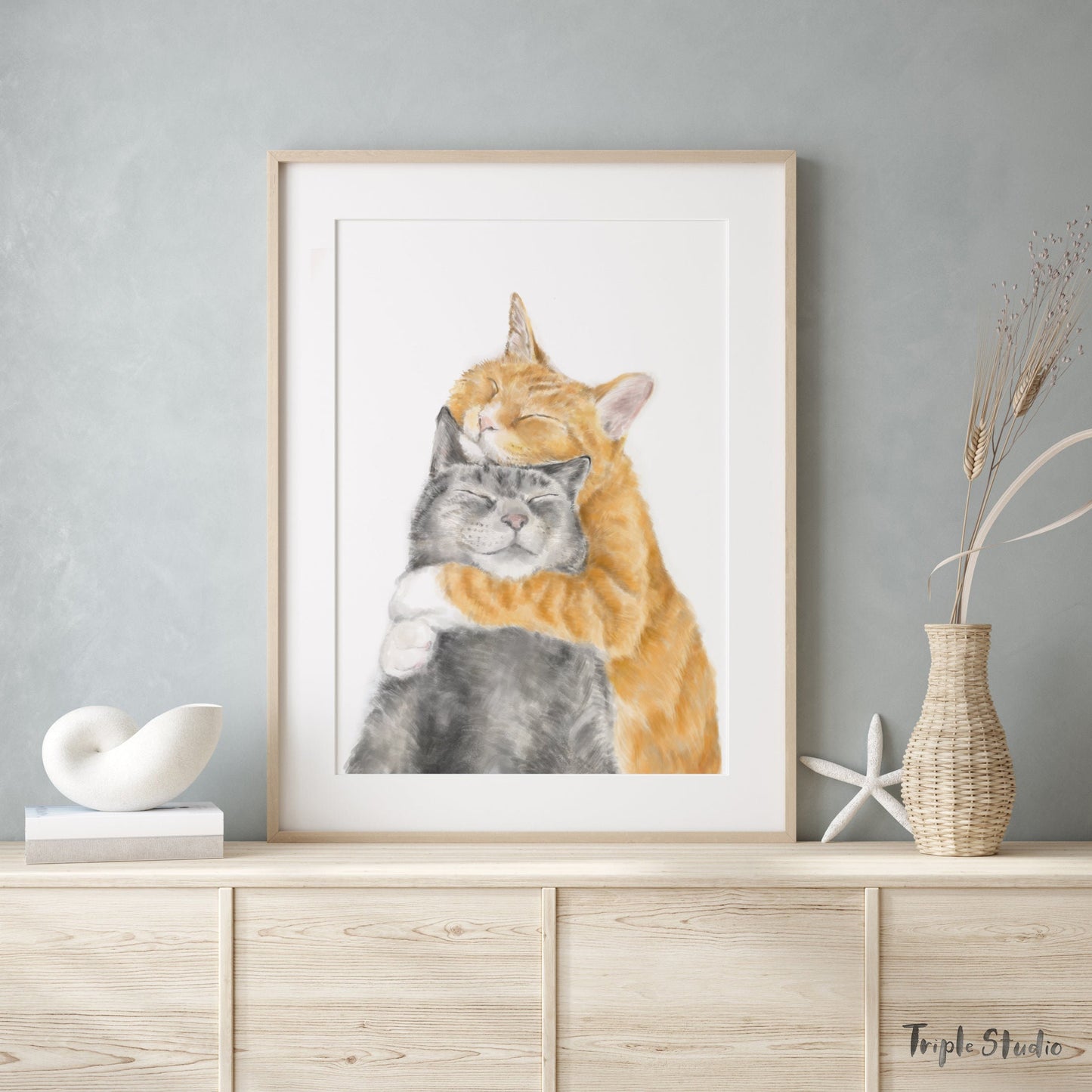 Cat Cuddles Art Print - Modern Gray and Orange Tabby Watercolor Poster, housewarming gift for newlywed, wife, lover, wedding or anniversary