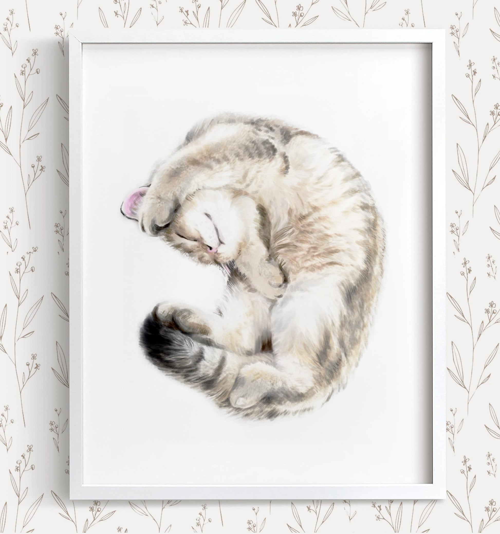 Cuddly Tabby Cat Watercolor Painting, Home Wall Decor,Grey n White Kitten Lover Art Print, Crazy Cat Lady Gift, British Shorthair Cat Mom