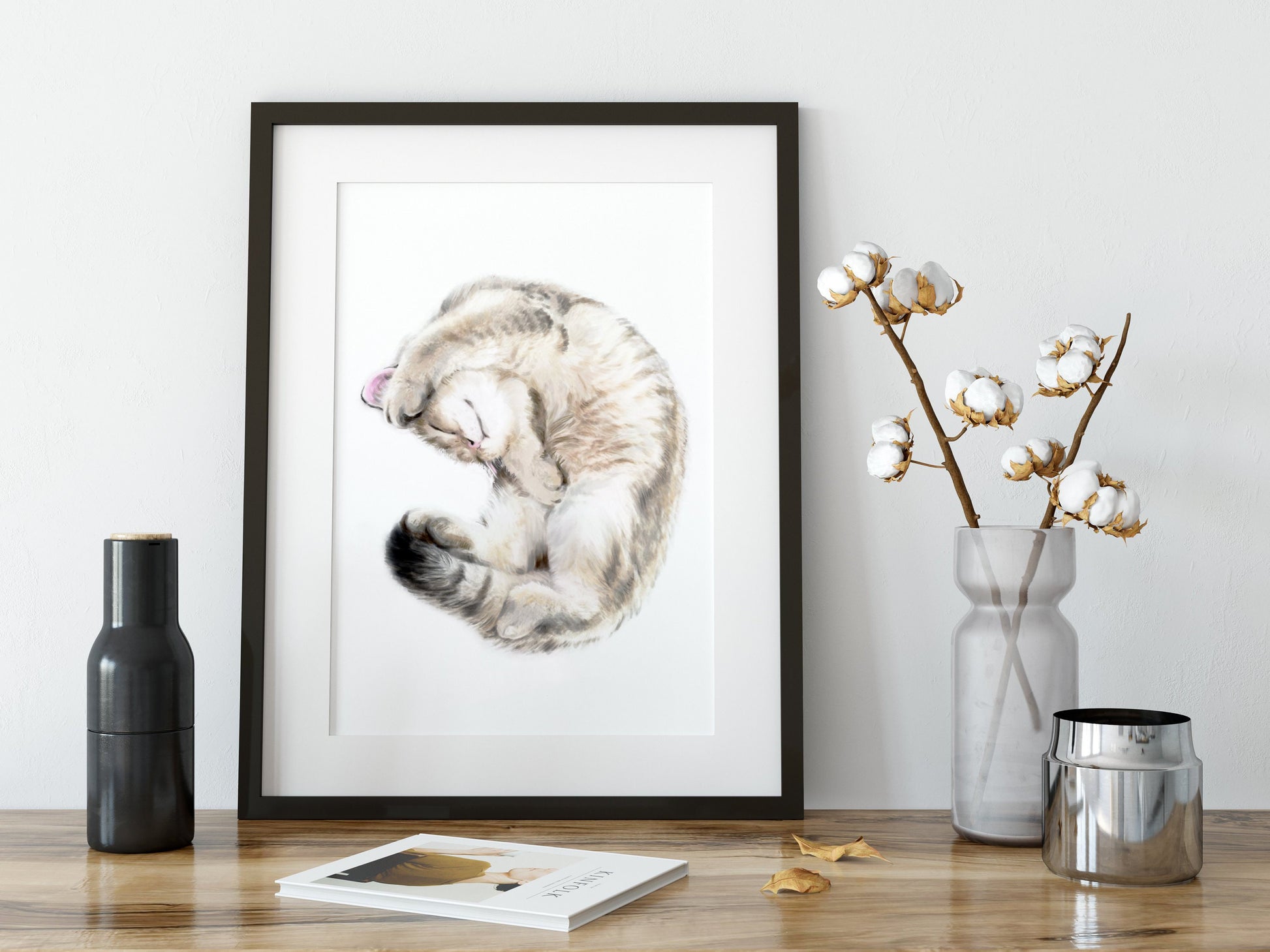 Cuddly Tabby Cat Watercolor Painting, Home Wall Decor,Grey n White Kitten Lover Art Print, Crazy Cat Lady Gift, British Shorthair Cat Mom