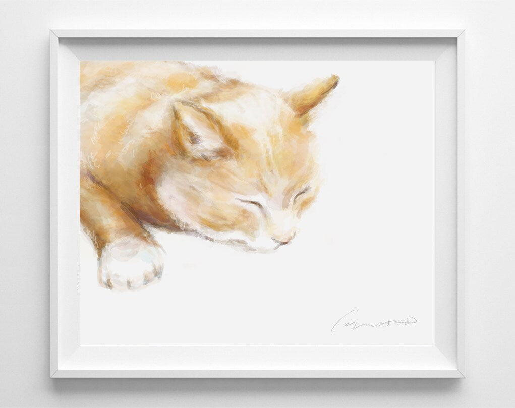 Orange Cat Art Print - Watercolor Painting - Ginger Cat, Cat Lover, Animals Wall Art, Nature Peaceful Baby Nursery