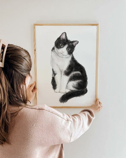 Tuxedo Cat Watercolor Painting, Bicolor Cat Modern Wall Art for Home Decor, Minimalistic Black and White Cat Lover Gift, Signed by Artist