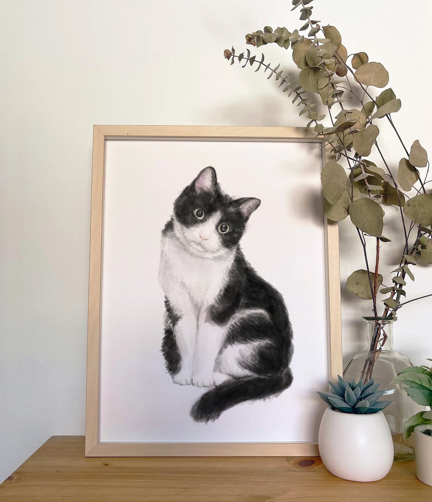 Tuxedo Cat Watercolor Painting, Bicolor Cat Modern Wall Art for Home Decor, Minimalistic Black and White Cat Lover Gift, Signed by Artist